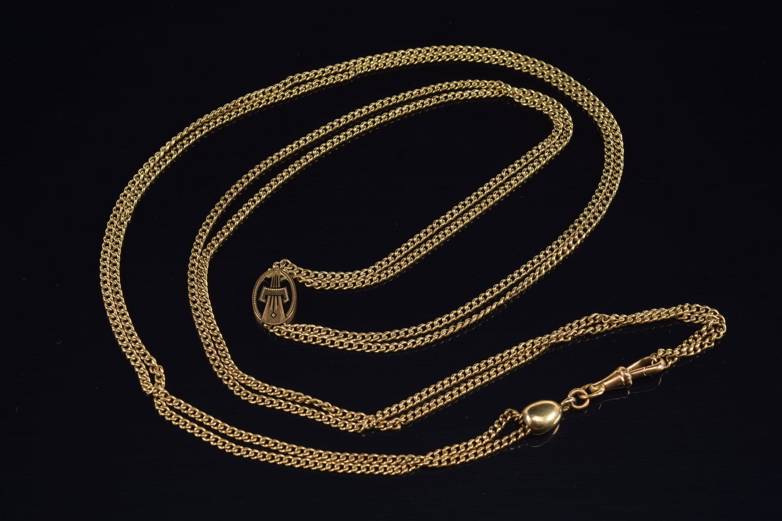 Victorian 14K gold slide pendant necklace. Pendant with black enamel decoration. Clasp marked 585. (1 of 5)