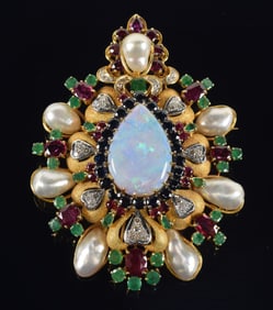 Impressive 18K gold gemstone mounted pin/pendant. Pear shaped opal in center (20.2 x 29mm),