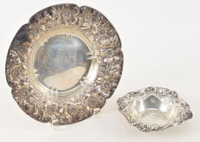 2 sterling silver repousse bowls. 1) Wide rimmed floral decoration bowl. Monogrammed. 9.5in