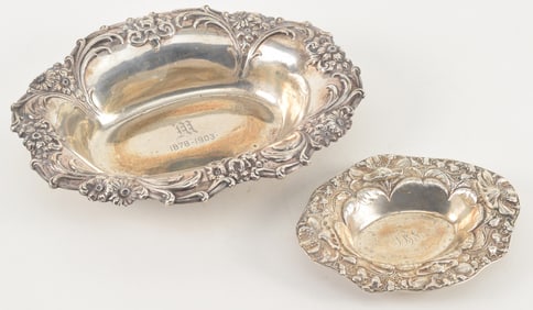 2 sterling silver floral repousse decorated dishes. Small bowl is Gorham. 12.5 ozt total weight.