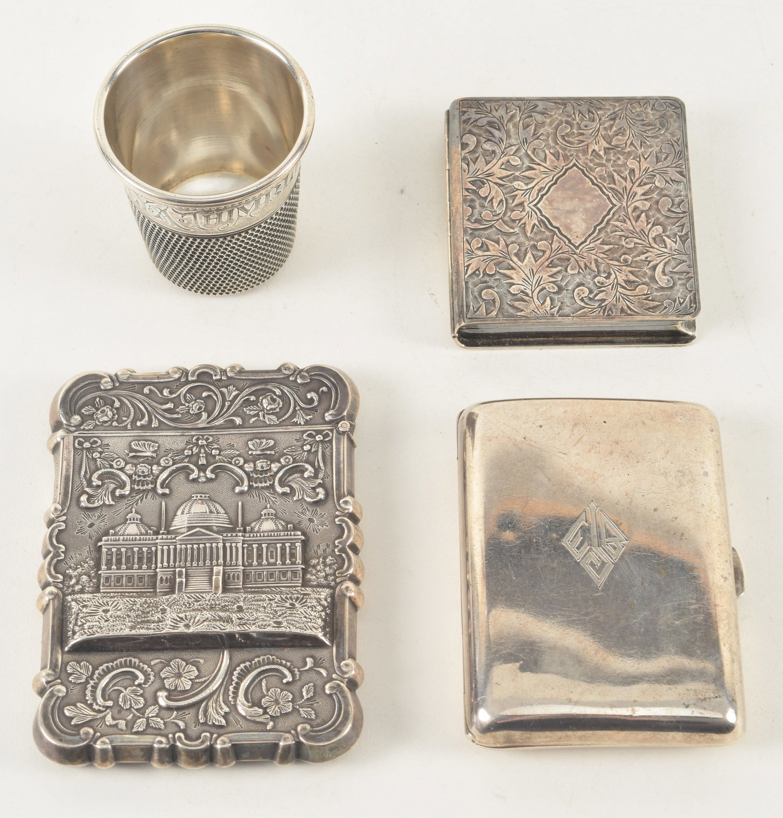 4 antique silver accessories. To include: repousse card case with floral and architectural (1 of 8)