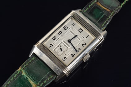 Jaeger Le Coultre Reverso day night duo face watch. Reversible day/night face. Stainless steel case