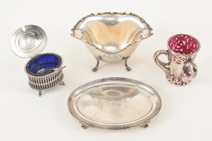 4 pieces of sterling silver tableware. 1) Ruby red cut-to-clear glass with sterling silver overlay