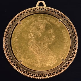 1915 Austrian 4 ducat gold coin mounted as a pendant. Very small repair and dent to top of pendant