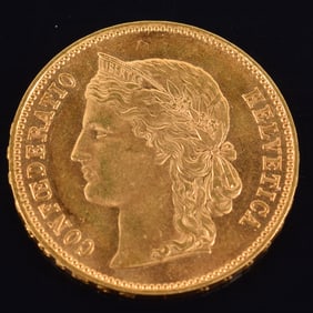Swiss 20 franc gold coin. 1894. 21.1mm diameter. 6.4 grams.