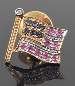 Retro 14K gold American flag pin set with rubies, sapphires and diamond. White and yellow gold
