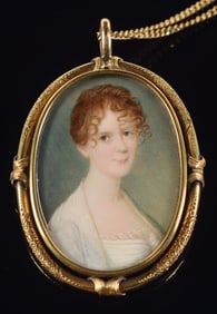 Early 19th century miniature portrait in gold frame. Fine quality portrait of a young woman with red