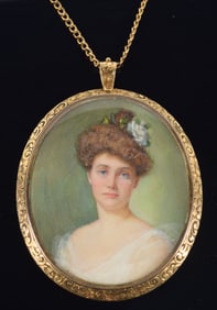 Rhoda Carleton Holmes Nicholls. 14K gold cased fine miniature portrait of a young woman with blue