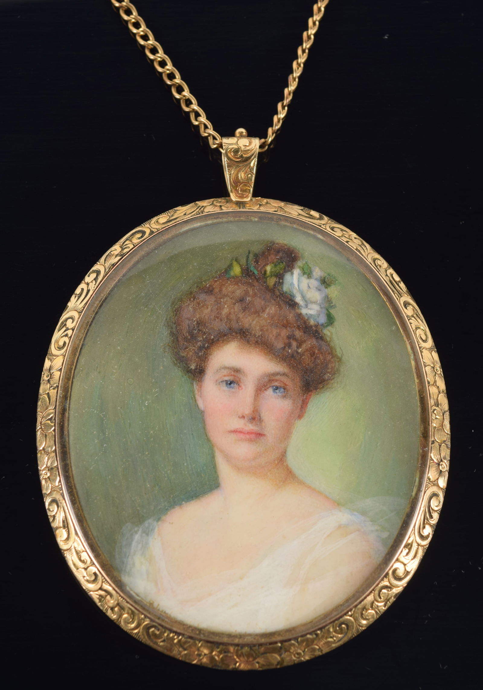 Rhoda Carleton Holmes Nicholls. 14K gold cased fine miniature portrait of a young woman with blue (1 of 5)