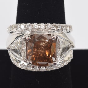 14K white gold 5.30ct cushion cut "cognac" diamond ring. Diamond measures 10.11 x 8.98 x 6.55mm.