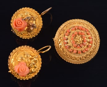 Antique 14K gold Etruscan Revival wire work coral mounted pin and earrings. Rose pattern coral