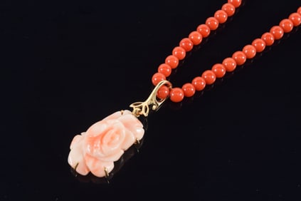 Gold coral necklace and pendant. 1) Beaded necklace with 18K gold clasp. Beads about 4.4mm diameter.
