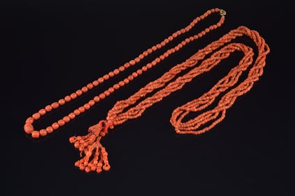 2 antique coral necklaces. 1) Graduated beads with 14K gold clasp. Some natural imperfections to