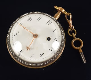 Early 19th century French enamel decorated pocket watch. Verge fusee works. Watch winds and runs,