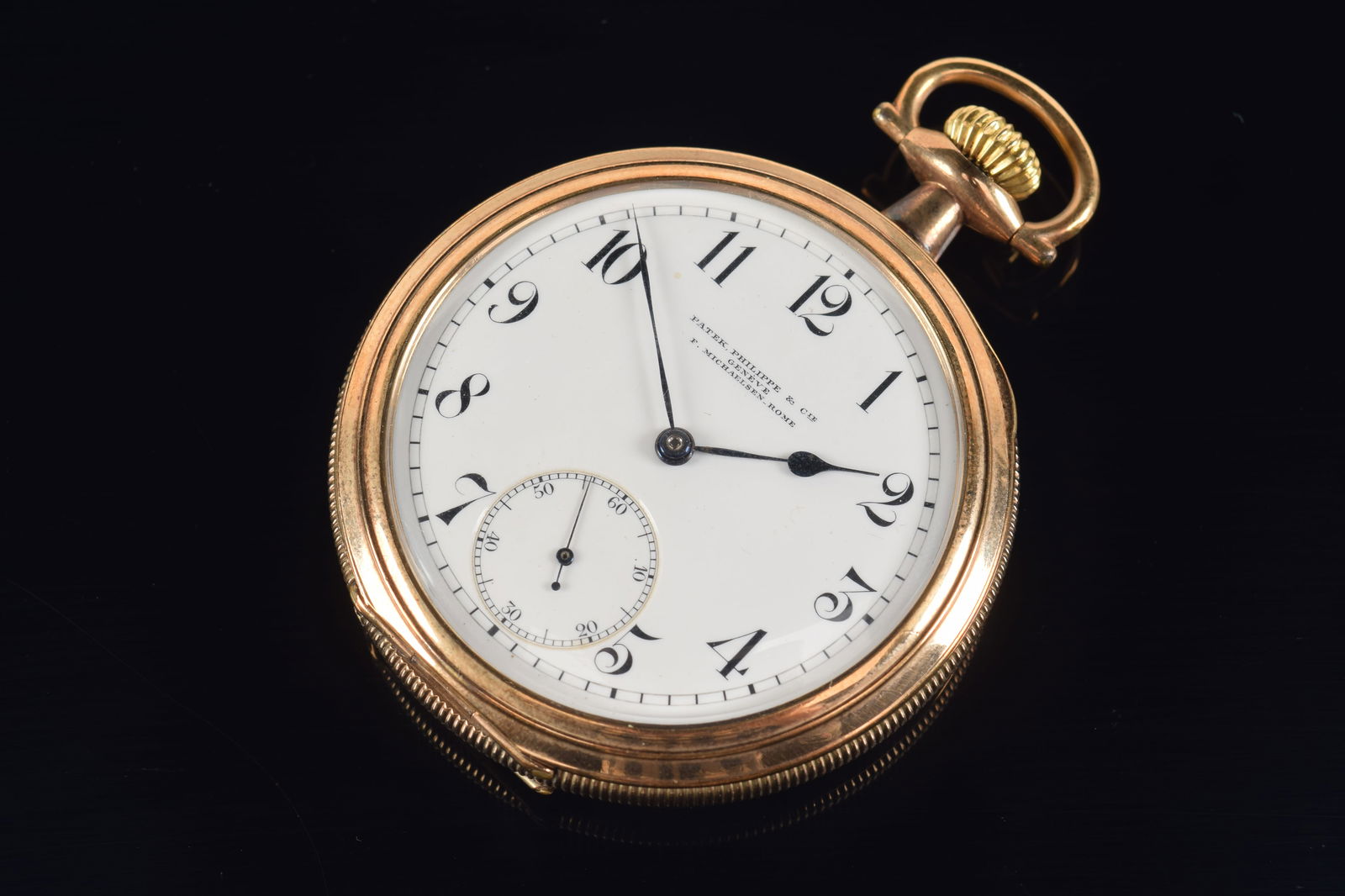 Patek Philippe for Franz Michaelsen pocket watch. Labeled Patek Philippe works, serial number: Patek Philippe for Franz Michaelsen pocket watch. Labeled Patek Philippe works, serial number 160320, in a likely replacement gold filled case marked B&B Royal. Case serial number 6165437. Dial with A