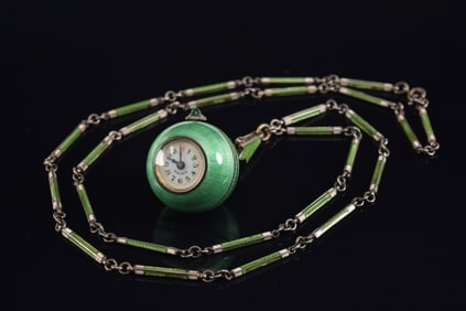Antique Swiss silver guilloche enamel ball pendant watch and chain. Watch a turquoise/green color