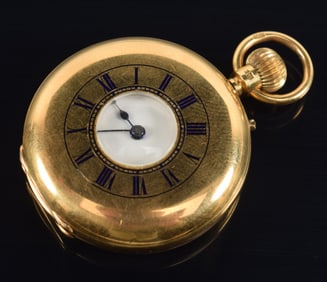 English 18K gold semi hunter case pocket watch. Enameled roman numeral outer case with port to