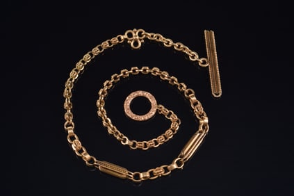 14K gold fancy link pocket watch chain. Chain length: 18in. Unmarked, tests as 14K. 52.2 grams.