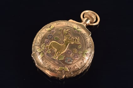 Waltham 14K gold hunter case pocket watch. Stag and floral decoration in white, yellow and rose gold