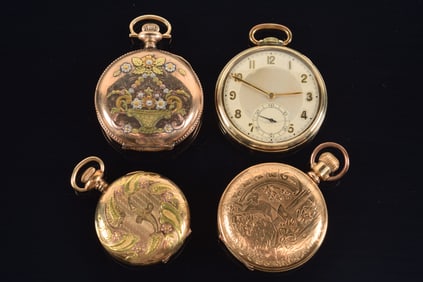 Lot of 4 antique gold filled pocket watches. Largest: 44m diameter case.