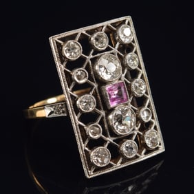 Vintage 14K gold and platinum diamond and pink topaz ring. Square cut topaz measuring 3 x 3mm.