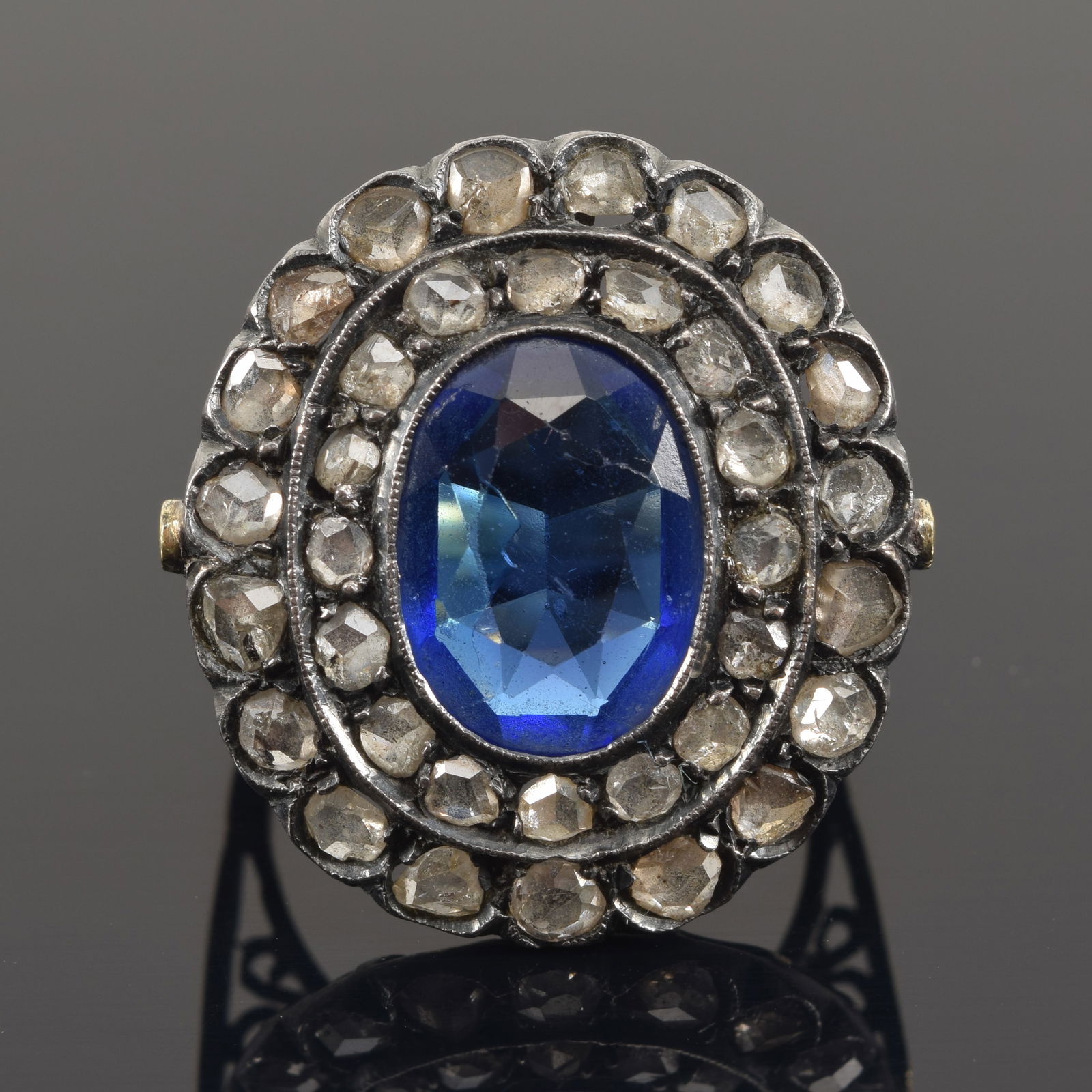 Antique silvered gold ring with diamonds and synthetic sapphire. Oval cut sapphire measures 9 x (1 of 7)