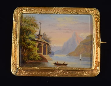 Antique miniature painting set as a pin in 14K gold frame. Embossed decoration to frame. Repairs on
