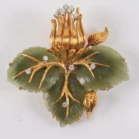18K gold heavy leaf and flower form diamond mounted pin. Marked and makers mark. 1 leaf with chip.