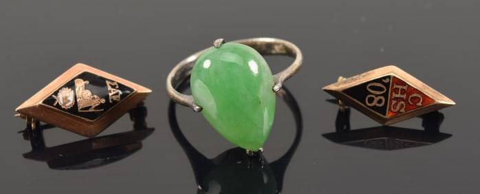 Lot of jewelry. 1) Jade set silver ring. 2) 10K and 14K gold enameled class/fraternity pins. 3.8
