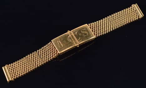 Kreisler 14K gold fancy mesh wristwatch band. Clasp monogrammed ICS. Marked 14K Kreisler. 5.25in
