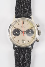 Zodiac Panda chronograph wristwatch. Face with wear and tarnish right side. Stainless steel with