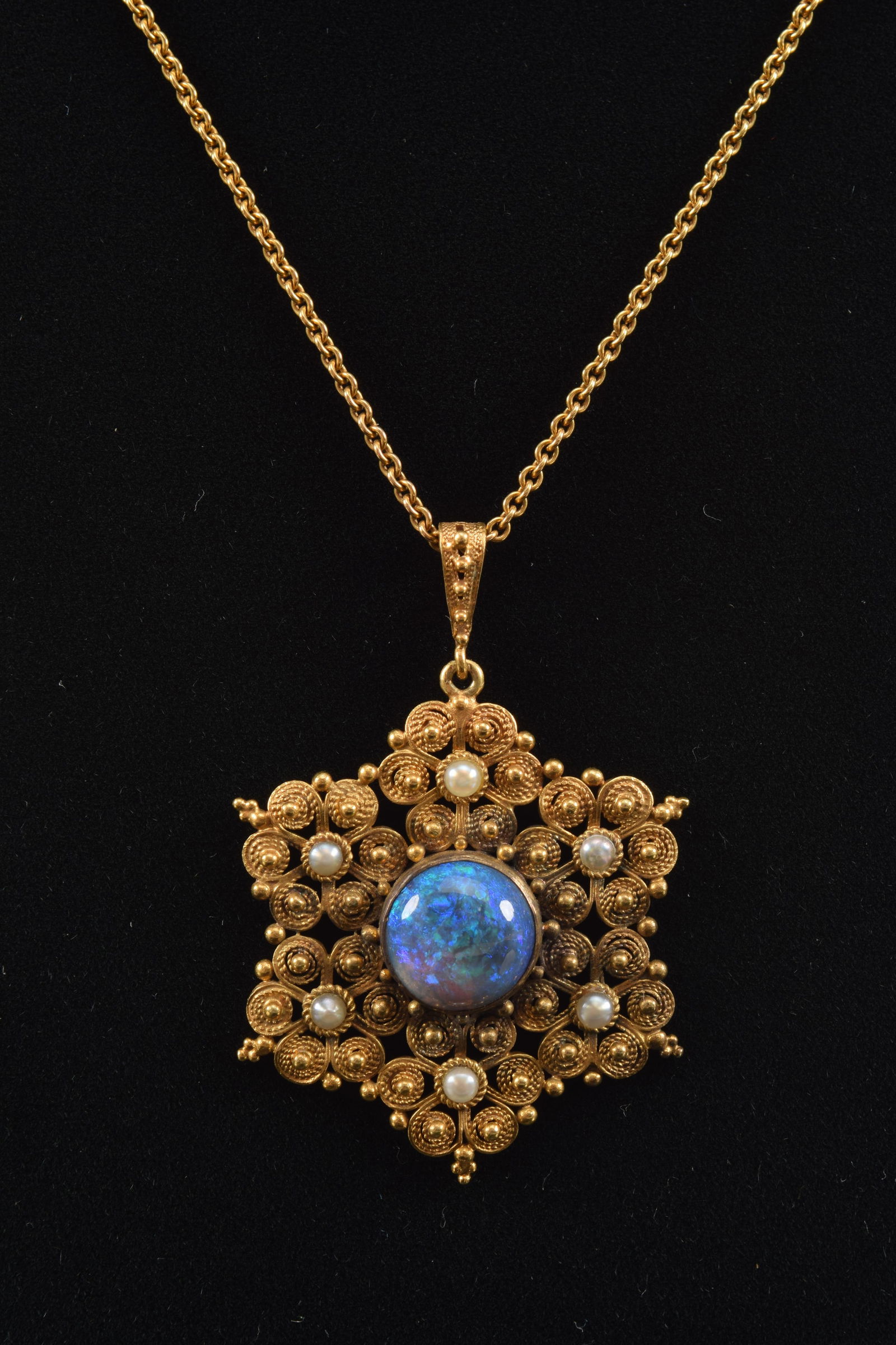 14K gold opal mounted star form pendant necklace. Vintage wirework star or snowflake form pendant (1 of 6)