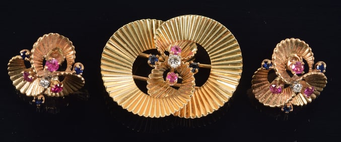 Vintage Tiffany & Co. 14K gold pin and earring set. Spiral form settings with diamonds, rubies, and