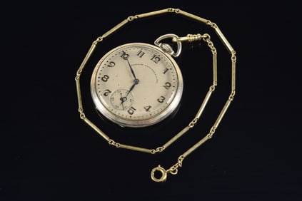 14K white gold watch chain and gold filled Bigelow Kennard & Co. pocket watch. Watch winds and is in