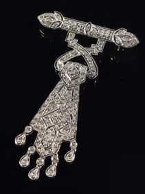 Art Deco 18K white gold diamond pave mounted pendant pin with tassels. Approx. 2.25CTW. Marked 18K,