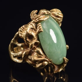 14K gold nephrite jade mounted ring with mermaid setting. Indistinguishable maker's mark on band.