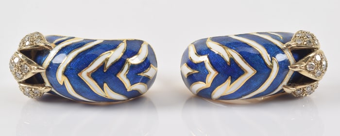 Frascarolo 18K gold enamel decorated earrings. Blue and white chevron style stripe pattern. Each