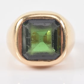 Heavy 14K gold green tourmaline ring. Square cut tourmaline measuring about 12.1 x 13mm. Facet edges