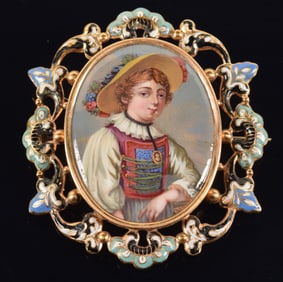 14K gold hand painted enamel portrait pin. Portrait of a young peasant woman with sun hat adorned