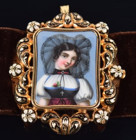 19th century 14K gold enamel decorated buckle/pendant. Enameled portrait of a Swiss peasant woman