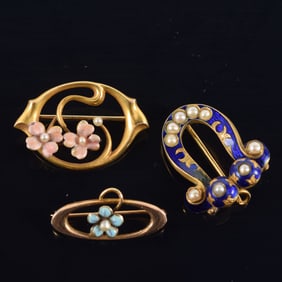 3 antique gold and enamel decorated pins. 1) 14K pink flower and seed pearl art nouveau pin. 2