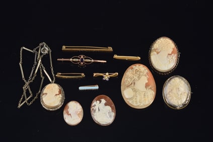 Lot of vintage gold pins and cameos. 2 small bar pins marked 14K, 3 bar pins 10K or less. One pin