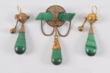 Antique gold 3-piece Etruscan Revival style malachite mounted 14K pin and earrings. Relief bead