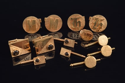Grouping of 14K gold men's jewelry including Lucien Piccard cufflinks and more. 5 pairs of