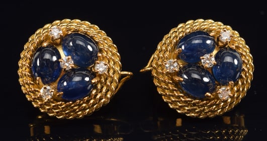 18K gold sapphire and diamond heavy earrings. Round with braided gold design. Marked 750. 0.75in