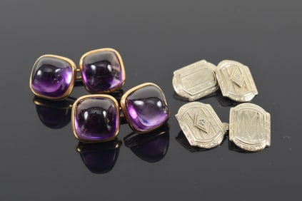 [2] 14K gold cufflinks. 1) Amethyst sugarloaf style mounted cufflinks. Marked 585. 11.6 grams. 2)