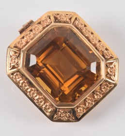 18K gold large topaz pin/pendant. Octagonal openwork floral setting with rectangular cut topaz
