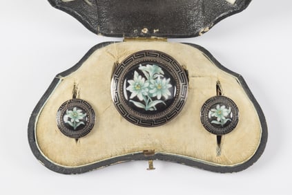 19th century enameled porcelain and silver mounted jewelry suite. Round pin and earrings set