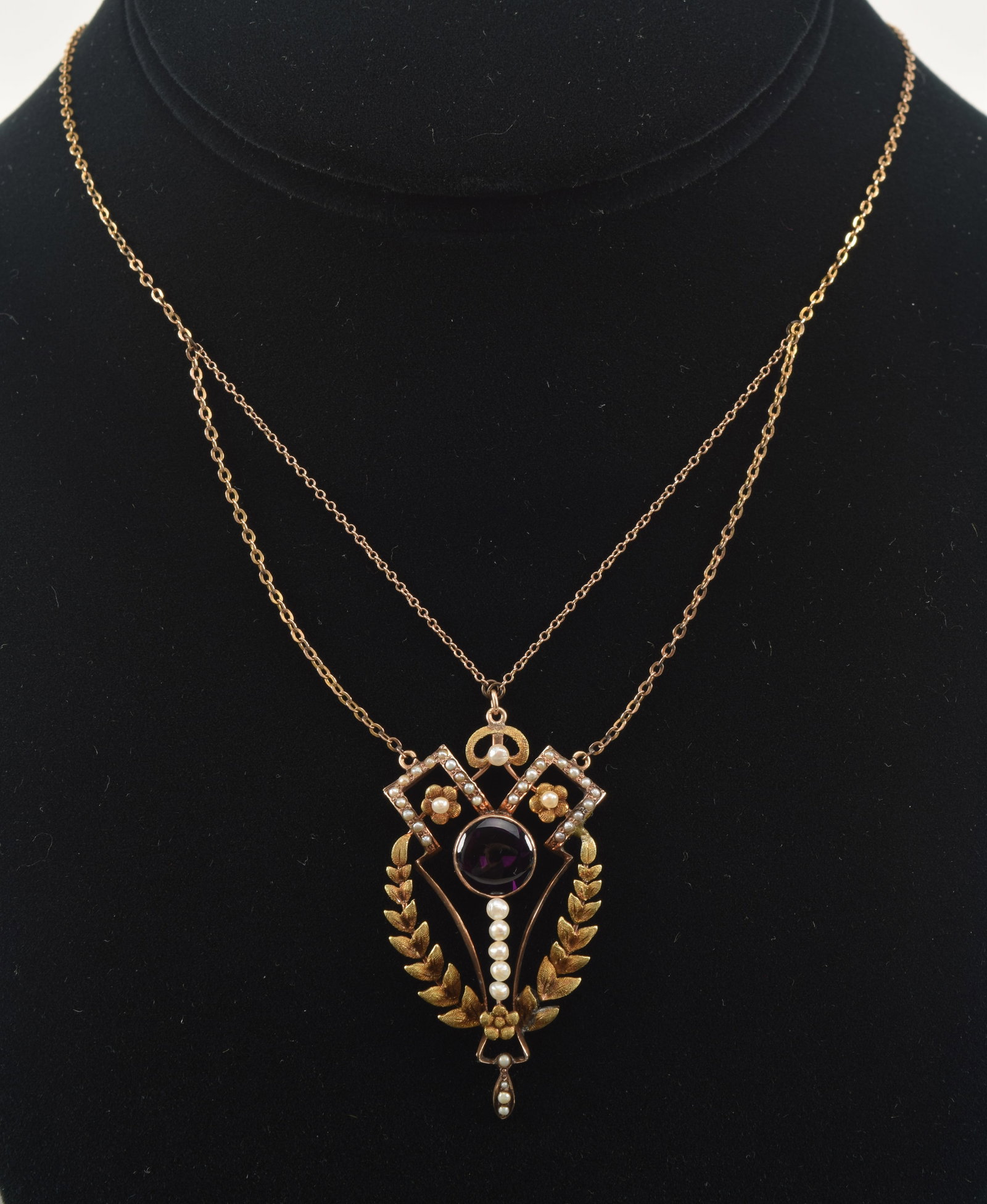Antique 14K gold pendant necklace. Round amethyst glass with seed pearls in an openwork geometric (1 of 4)