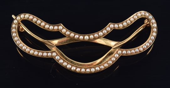 Vintage 14K gold seed pearl mounted pin. TC maker's mark. Marked 14K. 2in wide. 4.5 grams.